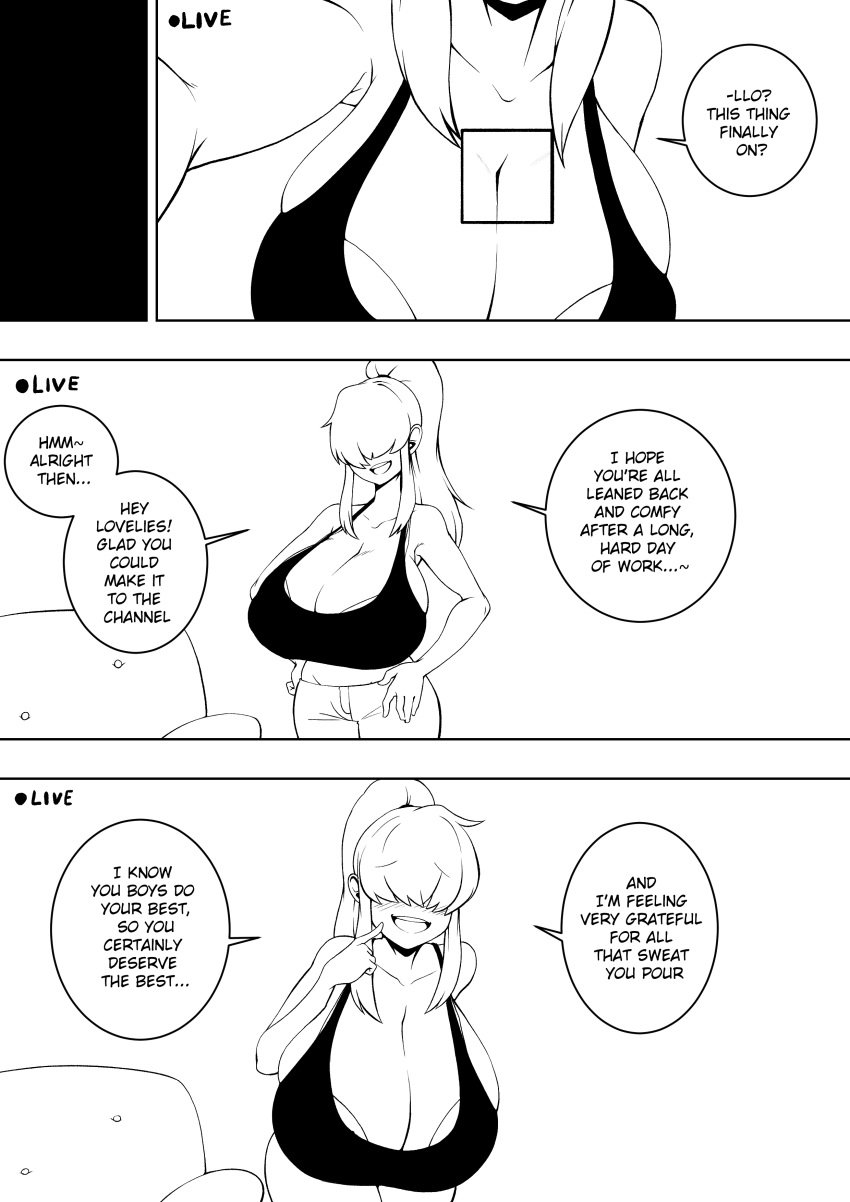 big_breasts blush breasts cleavage clothed clothing comic dialogue dmxwoops english_text female hair hair_over_eyes huge_breasts human maki_hashiba_(character) mammal monochrome over_eyes seductive smile text