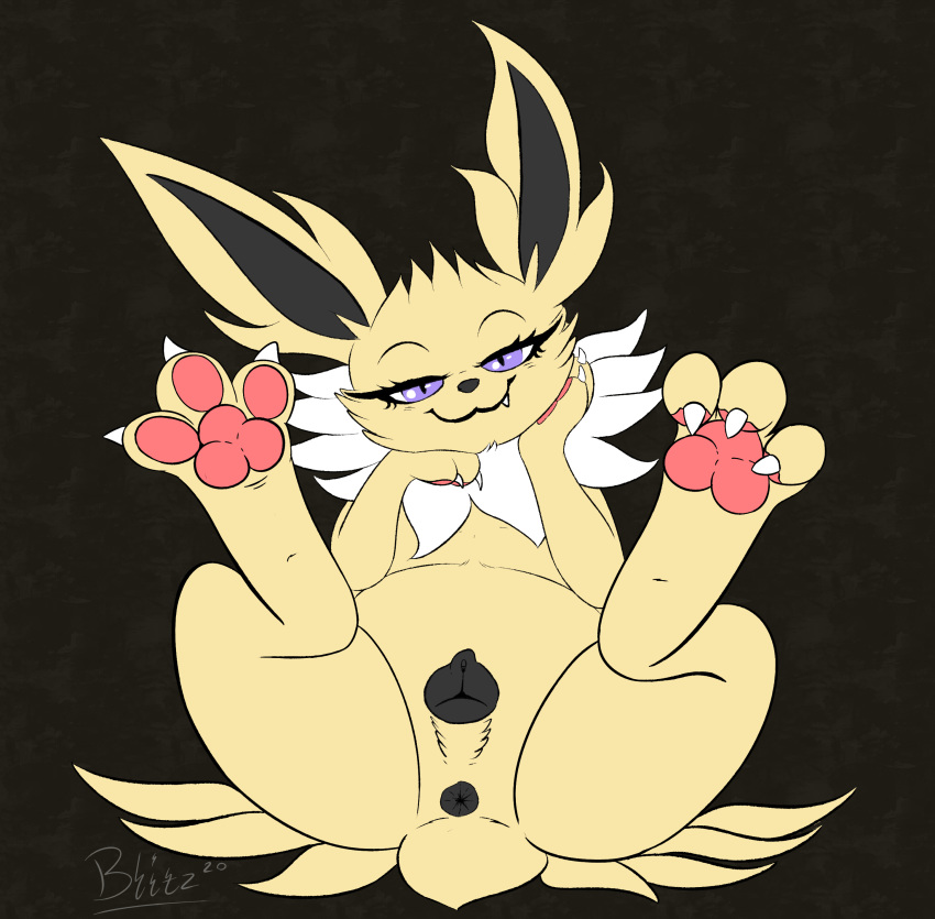 2020 3_toes absurd_res animal_genitalia animal_pussy anus blitzpitz canine_pussy claws cute_fangs eeveelution feet female feral genitals half-closed_eyes hi_res jolteon looking_at_viewer narrowed_eyes nintendo pawpads paws pink_pawpads pokémon_(species) pokemon purple_eyes pussy smile solo toe_claws toe_curl toes video_games