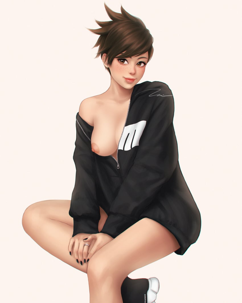 1girls areolae babydoll black_nails blizzard_entertainment bottomless breasts breasts_out brown_eyes brown_hair cute eyeshadow female female_only freckles fringe hoodie legs looking_at_viewer medium_breasts nipples one_breast_out overwatch painted_nails pinup shoes short_hair simple_background slim smile sneakers solo spiky_hair tracer umigraphics umitaro white_background yellow_eyes