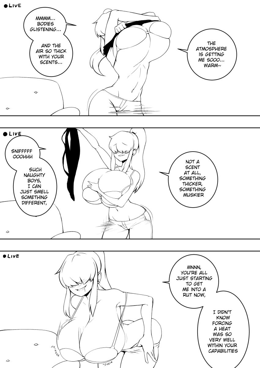 1girls big_breasts big_penis blush breasts cleavage clothed clothing comic dialogue dmxwoops drooling english_text female hair hair_over_eyes huge_breasts human maki_hashiba_(character) mammal monochrome over_eyes penis precum saliva seductive smile text text_bubble