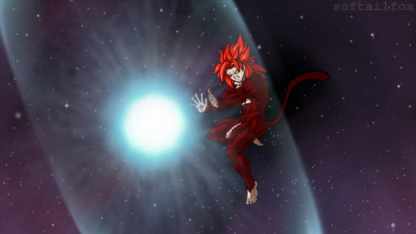 16:9 absurd_res angry bare_chest barefoot big_bang_kamehameha dragon_ball dragon_ball_gt energy_ball fur gogeta hair hi_res humanoid long_tail male male_only muscular muscular_humanoid muscular_male red_body red_fur red_hair softailfox solo space star super_saiyan_4 widescreen