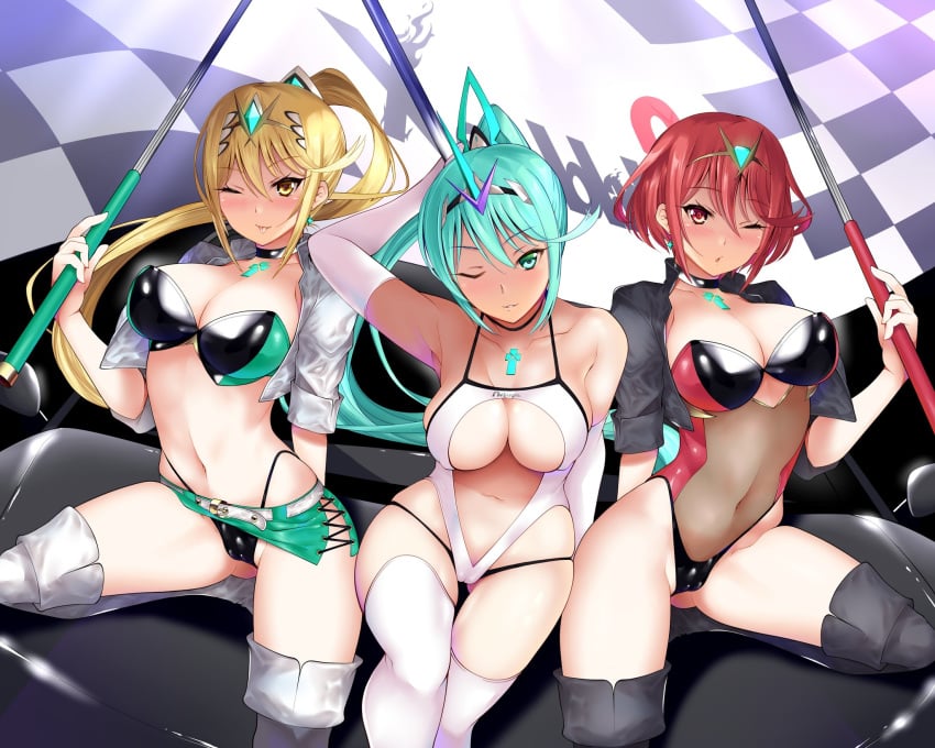 3girls ;d alternate_costume armpits bangs bare_shoulders blush breasts center_opening chest_jewel cleavage collarbone core_crystal daive gem green_eyes green_hair hair_ornament headpiece highres jewelry large_breasts latex leotard long_hair looking_at_viewer multiple_girls mythra navel nintendo one_eye_closed open_mouth pneuma pyra smile swept_bangs thighhighs thighs tiara very_long_hair white_leotard xenoblade_(series) xenoblade_chronicles_2