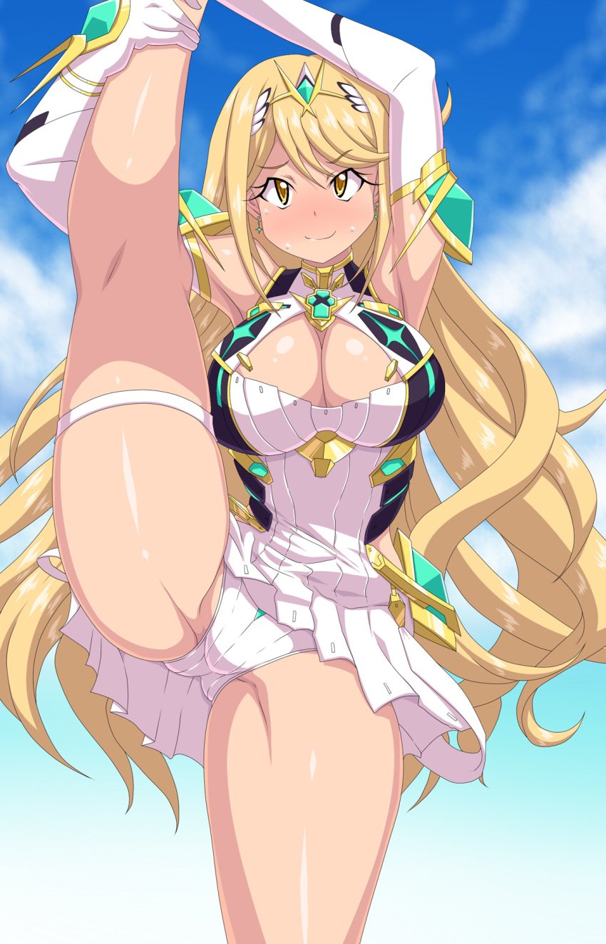 1girls bangs bare_shoulders blonde_hair blush breasts cleavage curvy earrings female flexible fully_clothed gloves headpiece highres jewelry kihaiu large_breasts leg_lift long_hair mythra nintendo panties plump smile solo splits standing standing_on_one_leg swept_bangs thighs tiara underwear vertical_splits very_long_hair xenoblade_(series) xenoblade_chronicles_2 yellow_eyes