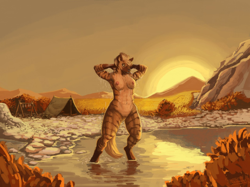 2020 abs alekksandar anrak_(scidragon) anthro arm_markings athletic athletic_anthro athletic_female bathing blonde_hair breasts brown_body brown_fur camp camping_tent conditional_dnp female fur genitals gnoll hair hyaenid mammal markings navel nipples nude outside partially_submerged pussy river scidragon solo striped_body striped_fur stripes sun sunset water wet wet_body wet_fur