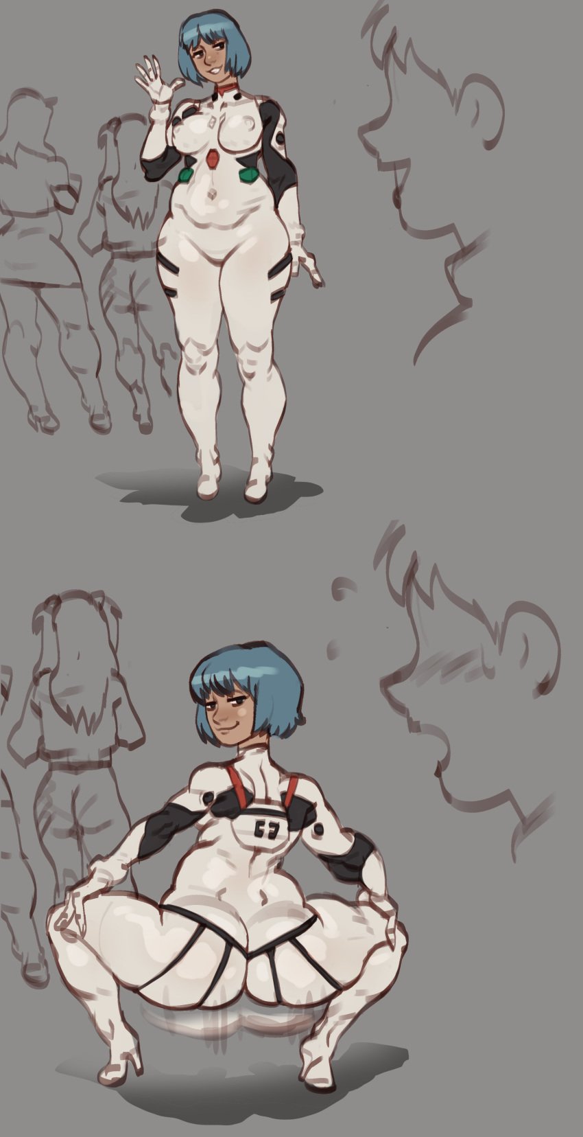 asuka_langley_sohryu bbw big_ass big_butt blue_hair bodysuit breasts clothing comic erect_nipples erect_nipples_under_clothes eye_contact female full_body human large_ass large_breasts light-skinned_female light_skin meme neon_genesis_evangelion pilot_suit plugsuit rear_view rei_ayanami shinji_ikari short_hair squatting thick_thighs tight_clothing tod0231 twerking