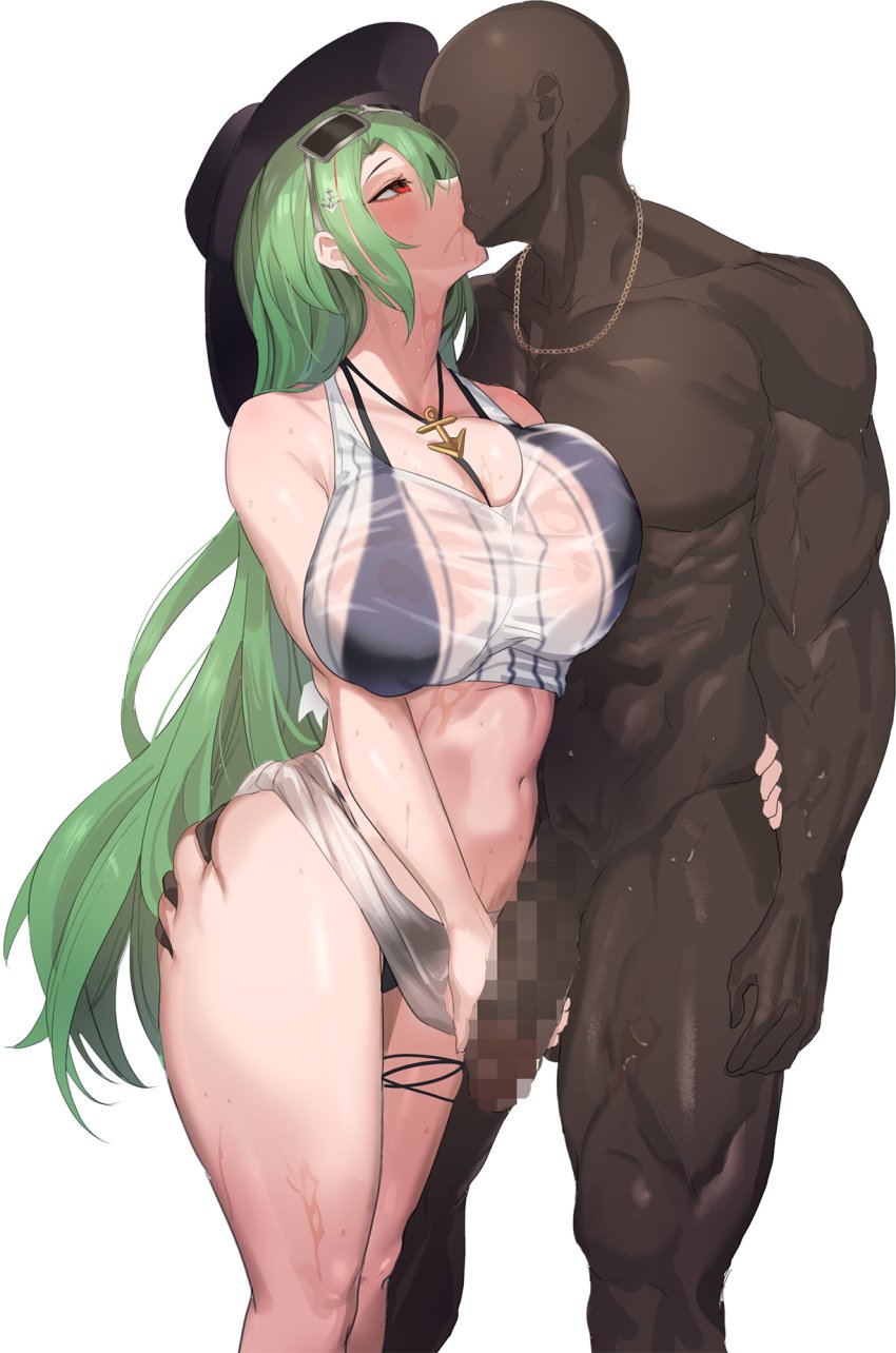 1boy 1girls aji_(sakanaaj1) azur_lane beach bikini breasts color colored dark-skinned_male dark_skin green_hair hair handjob handjob_while_kissing hat interracial kissing light-skinned_female light_skin littorio_(azur_lane) littorio_(the_glory_of_naples)_(azur_lane) naked_male png red_eyes sakanaaj1 sardegna_empire_(azur_lane) unseen_male_face