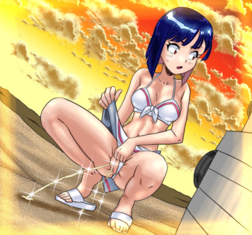 :o bare_shoulders beach bikini bikini_bottom_aside bikini_skirt blue_hair blunt_ends blush bob_cut breasts cleavage clothes_lift clothing_aside cloud cloudy_sky colored_inner_hair commentary do_it_yourself!! dutch_angle embarrassed female flip-flops foliage front-tie_bikini_top front-tie_top full_body gradient_sky groin hand_on_own_crotch highres lifting_own_clothes looking_to_the_side medium_breasts midriff miyone_shii multicolored_hair navel orange_sky outdoors panties_aside peeing pink_hair pink_trim pulling_own_clothes pussy red_eyes sand sandals skirt skirt_lift sky solo sparkle_censor spread_legs squatting stream sunset suride_miku surprised swimsuit tiptoes toes white_bikini white_footwear wooden_wall yellow_sky