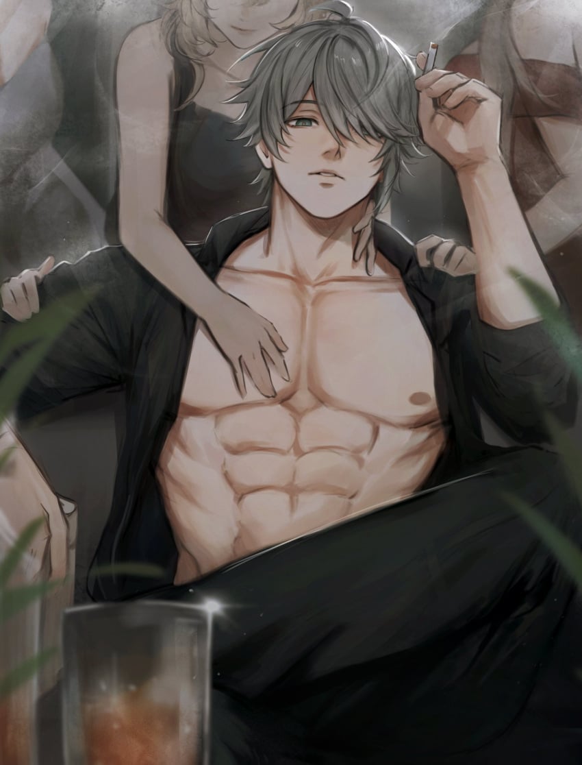 1boy 1girls abs alhaitham_(genshin_impact) bare_chest cigarette female genshin_impact hair_over_one_eye lumine_(genshin_impact) male male_focus muscular muscular_male nokkusuart open_clothes open_shirt pecs pectorals smoking touching touching_chest touching_pecs