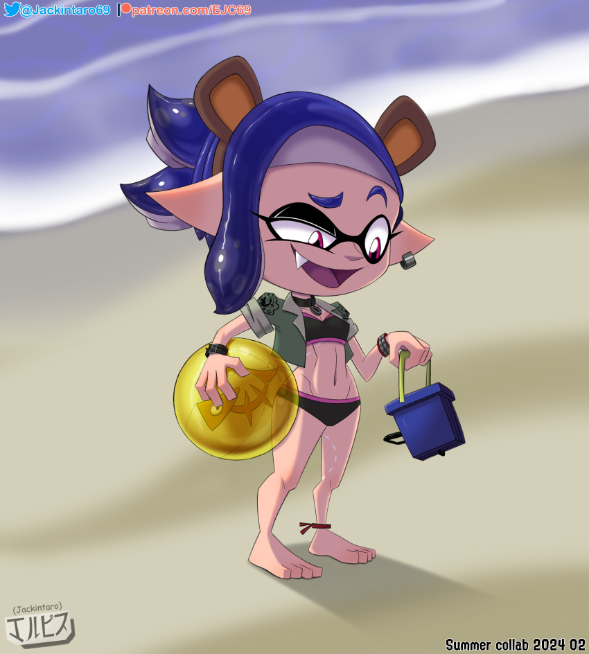 ball beach beach_ball bear_ears bikini blue_hair bucket digital_media_(artwork) inkling inkling_girl jackintaro nintendo pink_eyes scar splatoon summer swimsuit