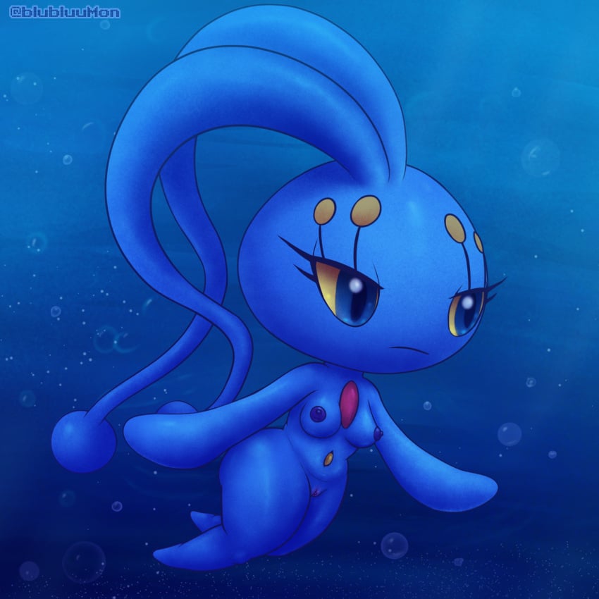 anthro ass blubluumon blue_body blue_eyes breasts bubble clitoris extended_arm female gem generation_4_pokemon genitals half-closed_eyes hi_res legendary_pokemon manaphy mouth_closed narrowed_eyes nintendo nipples nude nude_anthro pokemon pokemon_(species) pokemorph pussy solo swimming thick_thighs underwater water yellow_eyes