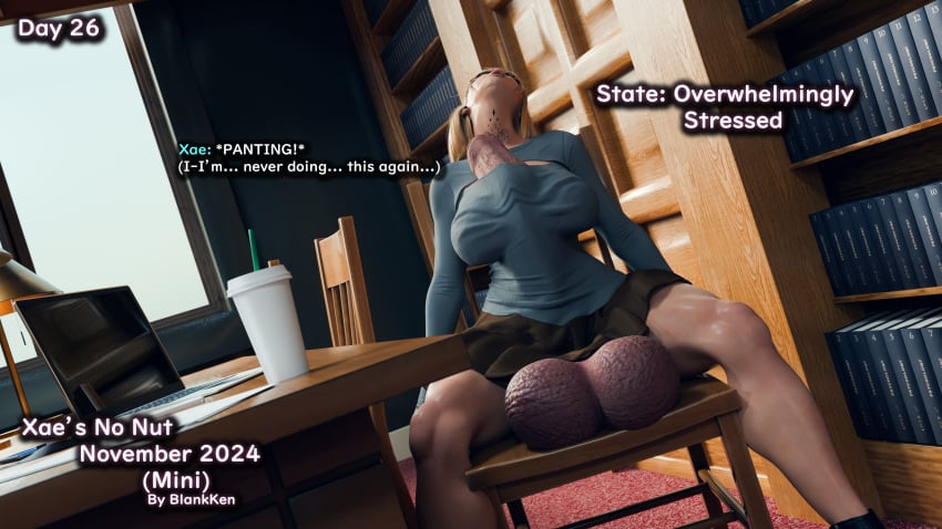 1futa 3d big_breasts blankken blonde_hair erection erection_under_clothes erection_under_shirt futanari huge_balls huge_cock massive_penis no_nut_november penis_to_the_knees solo tattoo xae_(blankken)