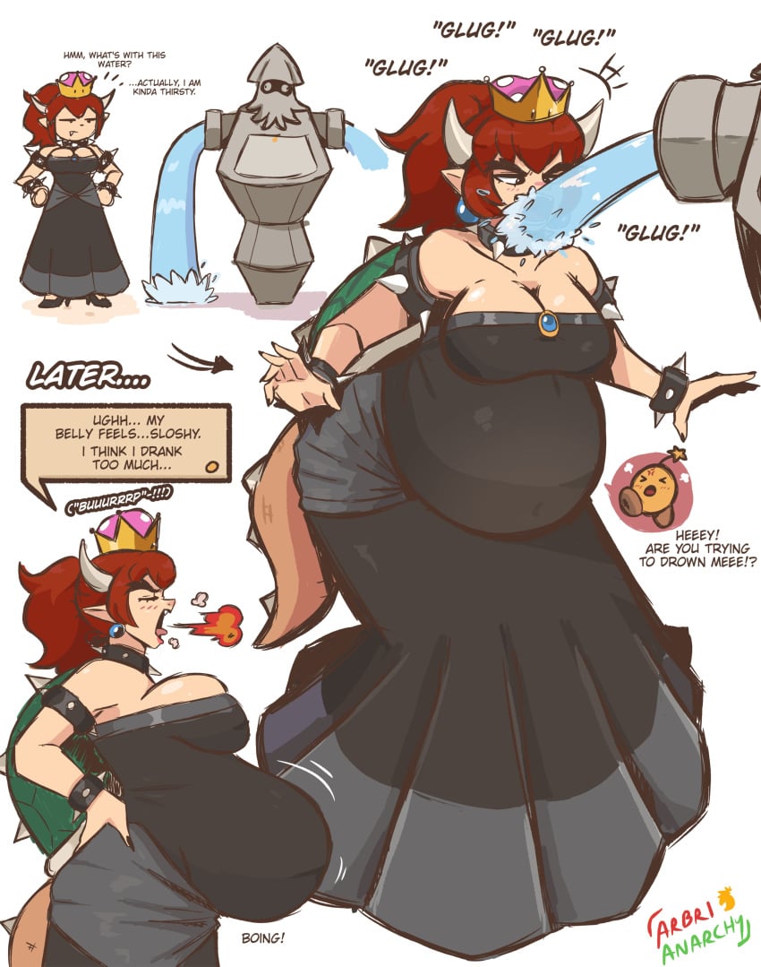 arbrianarchy big_breasts bowsette breasts cleavage female huge_breasts inflation red_bowsette stomach_inflation thick_thighs water_inflation weight_gain wide_hips