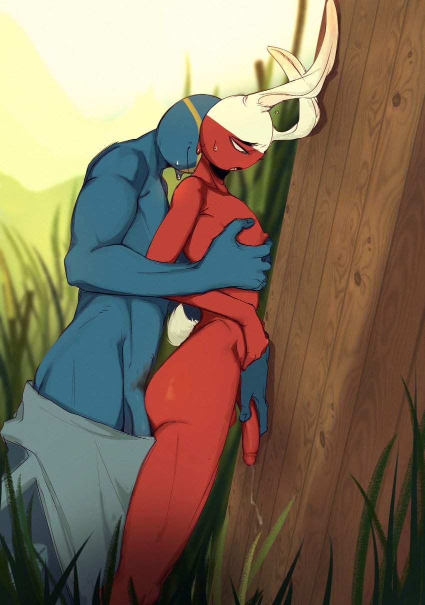 2boys bunny_ears bunny_tail countryhumans dafriix gay grabbing_penis grinning groping_chest imminent_sex in_forest leaning_against_tree muscular_male open_mouth pants_down poland_(countryhumans) precum red_body size_difference sweatdrop sweden_(countryhumans) tagme