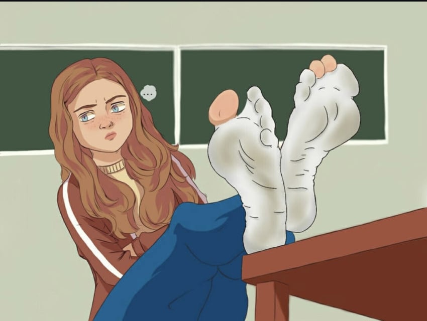 broken_socks clothed clothing deviantart dirty_feet dirty_socks feet feet_focus feet_on_desk foot_fetish freckles max_mayfield netflix sadie_sink stranger_things