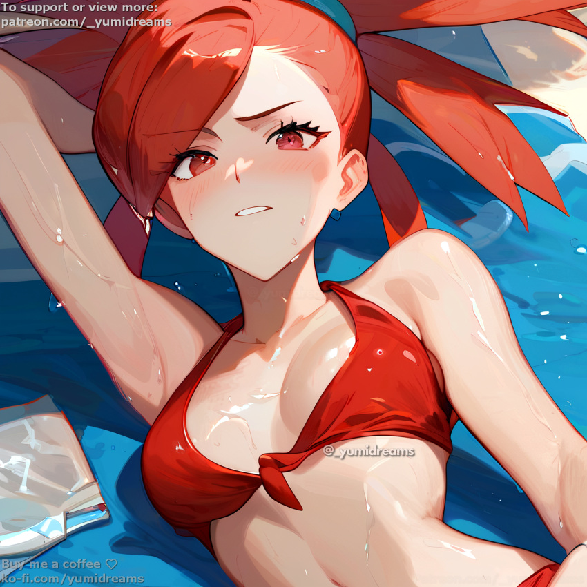 _yumidreams ai_generated armpits beach bikini blush creatures_(company) creatures_inc. flannery_(pokemon) flannery_(pokemon_oras) flannery_(pokemon_rse) game_freak high_resolution highres looking_at_viewer lying lying_down medium_breasts nintendo pale_skin pokemon pokemon_(anime) pokemon_(classic_anime) pokemon_(game) pokemon_adventures pokemon_omega_ruby_&_alpha_sapphire pokemon_oras pokemon_rgby pokemon_sm red_bikini red_eyes red_hair redhead sexy_armpits sweat wet_body white_skin