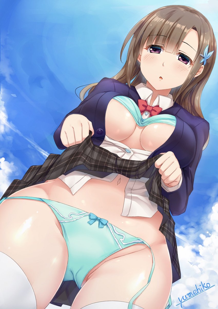 :o aqua_bra aqua_panties ass_visible_through_thighs asymmetrical_bangs blazer blue_jacket blush bow bow_bra bow_panties bra bra_lift breasts brown_hair circle_name clothes_lift cloud cloudy_sky commentary_request day dutch_angle female from_below grey_skirt hair_ornament hairclip highres jacket lifting_own_clothes medium_breasts navel necktie open_clothes open_shirt original outdoors panties parted_lips purple_eyes red_necktie school_uniform side-tie_panties signature skirt skirt_lift sky solo sorano_(12gou) thighhighs underwear untied_panties white_thighhighs wing_collar yumehiko