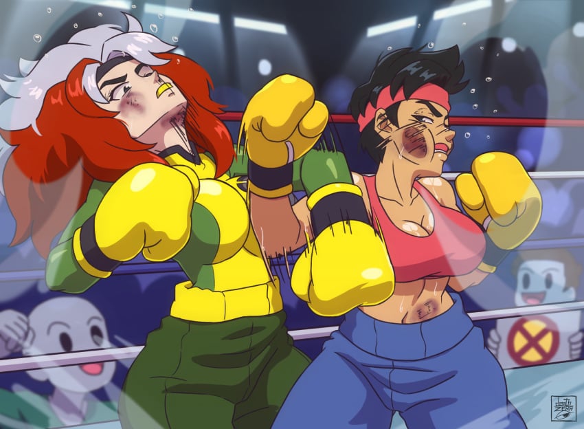 2024 2girls arena audience big_breasts big_thighs black_hair boxing boxing_gloves boxing_ring cleavage counter cross_counter curvy deathzera digital_media_(artwork) female female_only fight fighting fighting_ring gloves grey_eyes half-closed_eyes headband hi_res indoors jubilee light-skinned_female marvel marvel_comics mouthguard rogue_(x-men) shorts signature sports_bra thick thick_hips thick_thighs thighs wide_hips x-men x-men_97 yellow_boxing_gloves yellow_gloves