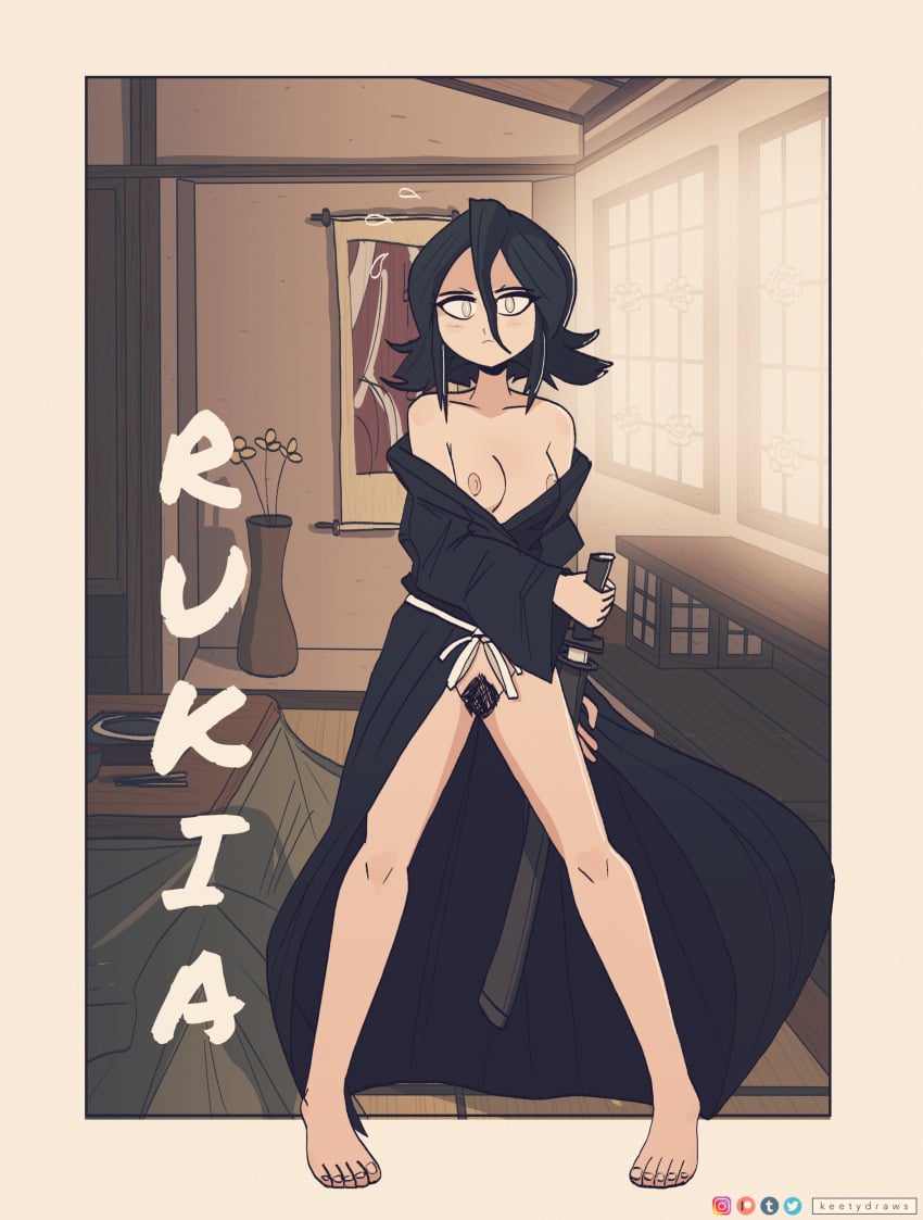 1girls bleach breasts_out female female_only keetydraws kuchiki_rukia petite pubic_hair solo sword tagme