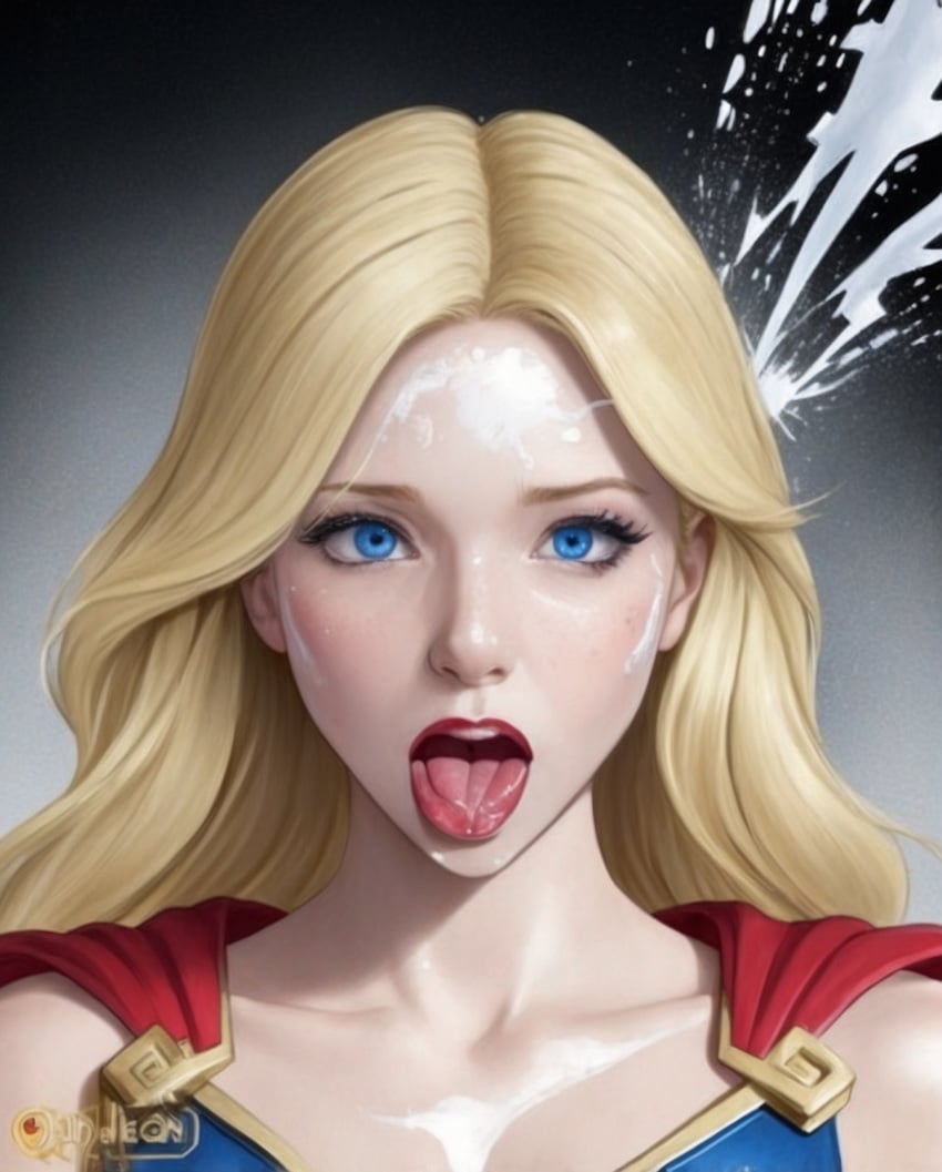 ai_generated blonde blonde_female blonde_hair blue_eyes cape cumshot dc dc_comics facial kryptonian portrait supergirl