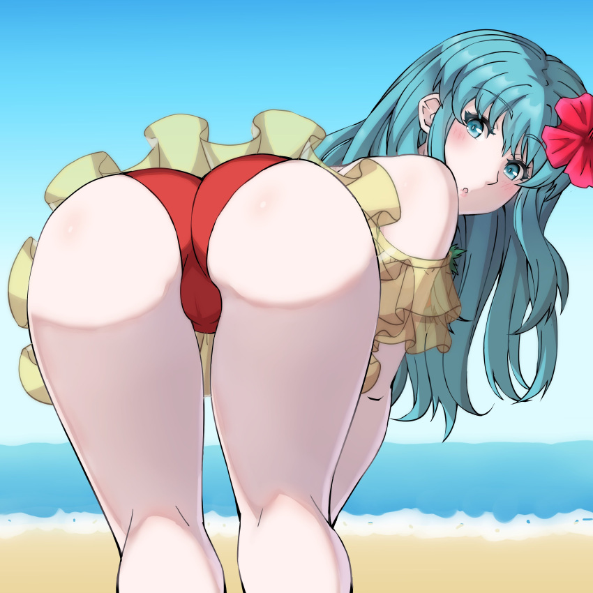 1girls absurdres alternate_costume aqua_eyes aqua_hair ass ass_focus bare_shoulders beach bent_over big_ass bikini blue_eyes blue_hair cameltoe eirika_(fire_emblem) eirika_(summer)_(fire_emblem) fire_emblem fire_emblem:_the_sacred_stones fire_emblem_heroes flower hair_flower hair_ornament hibiscus highres long_hair looking_at_viewer looking_back lucky_zero nintendo official_alternate_costume open_mouth outdoors red_bikini red_swimsuit simple_background solo swimsuit two-tone_bikini yellow_bikini yellow_swimsuit zerocgm