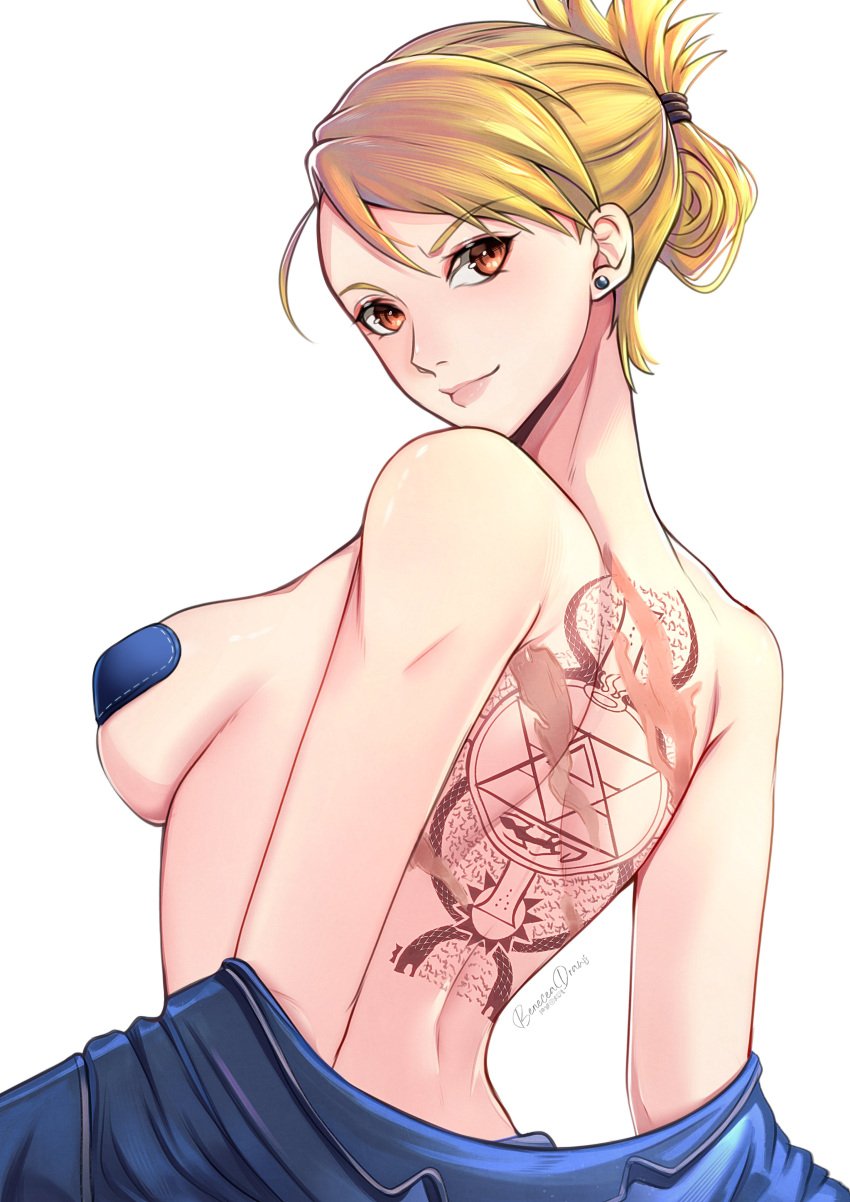 1girls absurd_res artist_signature back back_tattoo back_view beneceadraws blonde_hair breasts breasts_out brown_eyes coat covered_nipples fullmetal_alchemist fullmetal_alchemist_brotherhood hi_res light-skinned_female looking_at_viewer looking_back medium_breasts pasties riza_hawkeye short_hair sideboob simple_background smile smiling_at_viewer solo solo_female tattoo tattoo_on_back tied_hair undressing white_background