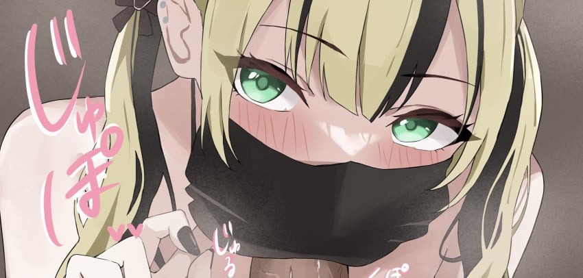 1boy bare_shoulders black_bow black_hair black_mask black_nails blonde_hair blush bow ear_piercing fellatio fellatio_under_mask female green_eyes hairbow higashiwun_izumi highres kurumi_noah kurumi_noah_(5th_costume) long_hair looking_at_viewer mask mask_lift mouth_mask multicolored_hair oral penis penis_under_mask piercing solo_focus straight surgical_mask twintails two-tone_hair virtual_youtuber vspo!