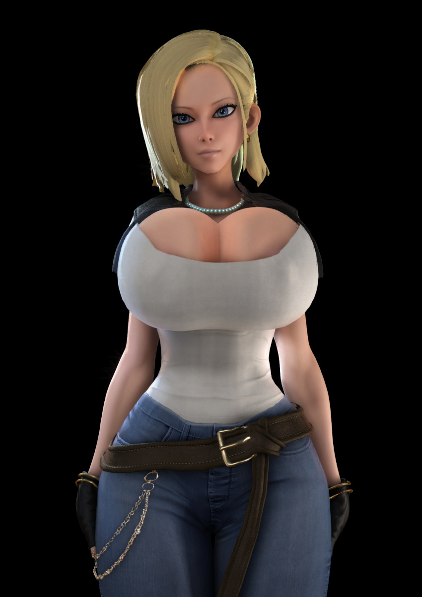 1girls 3d 3d_(artwork) alternate_breast_size android_18 asymmetrical_hair belt belt_buckle big_hips black_background black_gloves blonde_hair blue_eyes blue_jeans breasts_bigger_than_head cleavage cleavage_overflow clothed clothed_female cropped_legs detailed_eyes dragon_ball dragon_ball_z elbowpits eye_makeup eyeliner eyes female female_only female_solo fingerless_gloves front_view gloves hips hourglass_figure huge_breasts huge_hips humanoid jeans large_hips leather_gloves light-skinned_female light_blue_eyes light_skin makeup necklace pants pearl_necklace pink_lips png shirt short_hair slim_waist small_waist solid_color_background solo solo_female standing tan-skinned_female tan_skin thin_waist tight_clothes tight_clothing tight_jeans tight_pants upper_body vaako waist_chain white_sclera wide_hips