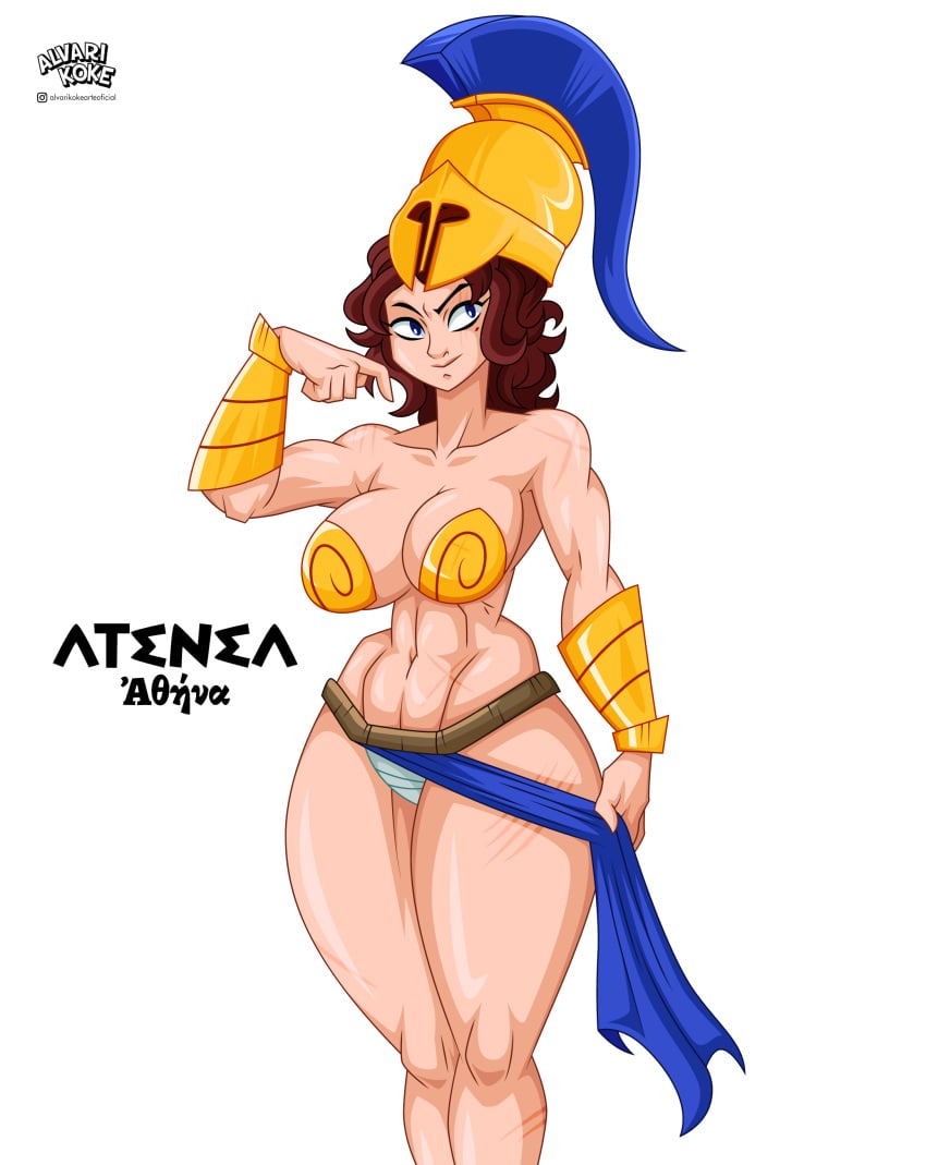 1girls 2024 alvarikokearte artist_logo artist_name athena big_breasts blue_eyes breasts brown_hair cleavage collarbone deity english_text european_mythology goddess greek_mythology mythology public_domain revealing_clothes smile spanish_text