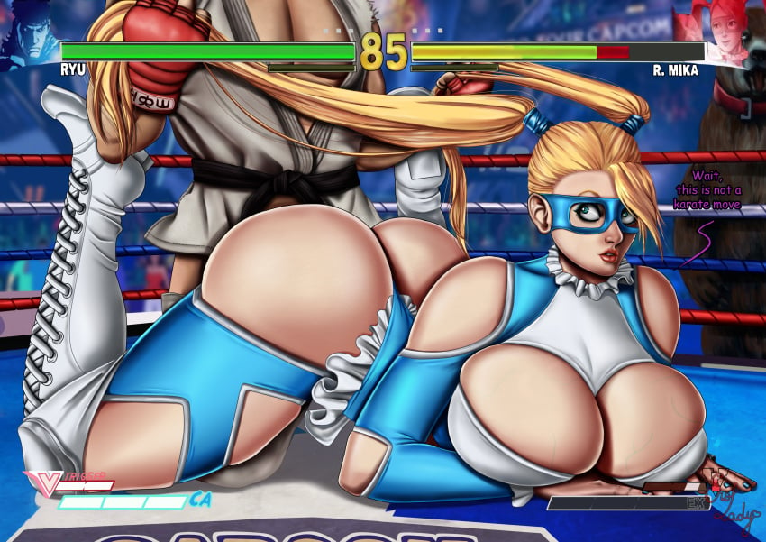 1boy 1girls ass bear big_ass big_breasts big_butt blonde_hair blue_eyes boots doggy_style erolady female from_behind_position gameplay_mechanics gloves grabbing grabbing_from_behind hair hair_grab hand_on_hair health_bar hp_bar huge_ass huge_breasts huge_butt karate leather leather_boots leather_gloves mask masked rainbow_mika ryu_(street_fighter) street_fighter street_fighter_v swimsuit twintails uniform wrestling wrestling_ring yellow_hair