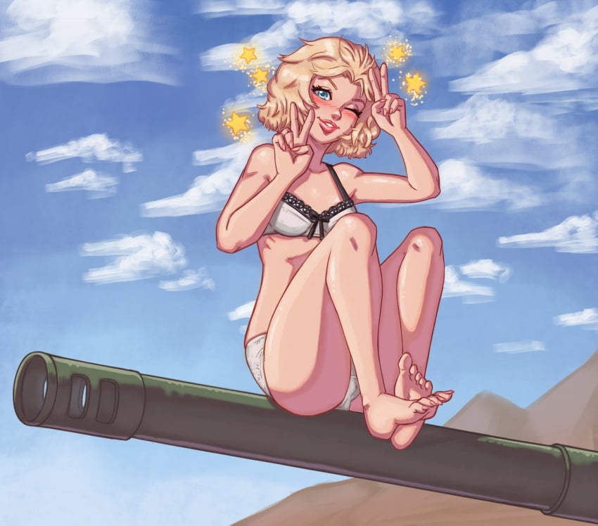 1girls 2024 blonde_hair blue_eyes blush double_v female female_only l0ngsword lingerie looking_at_viewer medium_hair metal_gear_solid metal_gear_solid_peace_walker paz_ortega_andrade peace_sign smiling smiling_at_viewer solo sparkles v_sign wink winking_at_viewer