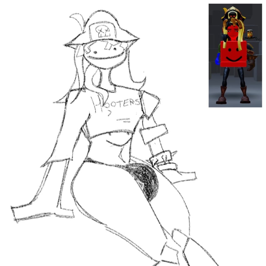 :) blonde_hair bulge chest_face crop_top futanari hooters panties pirate_hat reference_image roblox roblox_avatar robloxian sitting sketch tagme