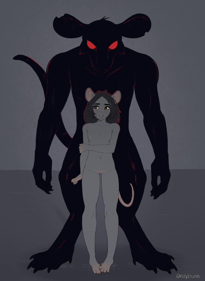 absurd_res angie anthro breasts dozybunn duo female genitals glowing glowing_eyes hi_res larger_male male mammal menacing murid murine navel nervous pussy rat red_eyes rodent shy silhouette size_difference small_breasts smaller_female straight suggestive