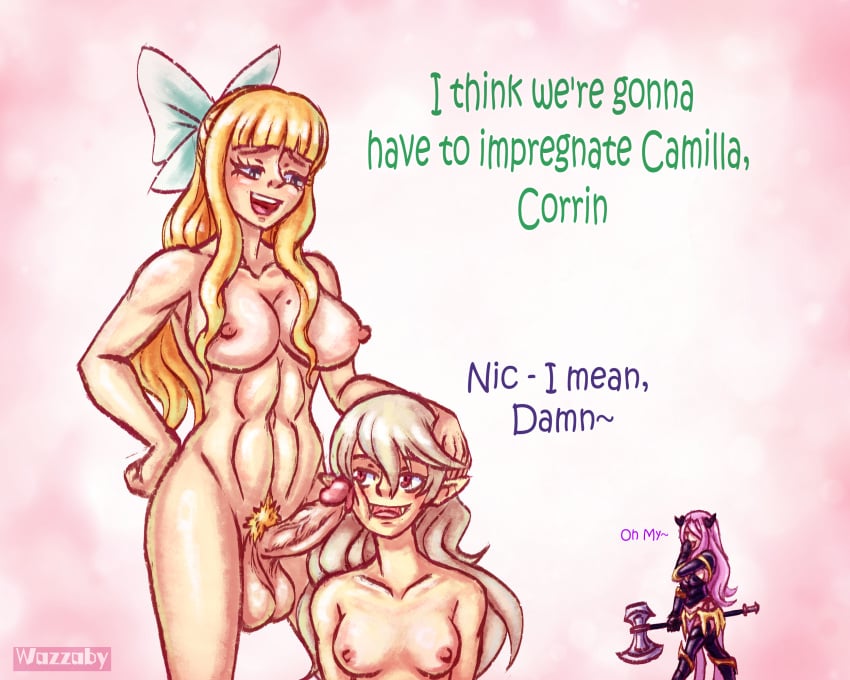 1futa 2girls abs blonde_hair camilla_(fire_emblem) charlotte_(fire_emblem) corrin_(fire_emblem) corrin_(fire_emblem)_(female) english_text fire_emblem fire_emblem_fates futanari hair_ribbon i_think_we're_gonna_have_to_kill_this_guy_steven_(meme) nintendo nipples penis_on_face pointy_ears pubic_hair purple_hair text wazzaby white_hair