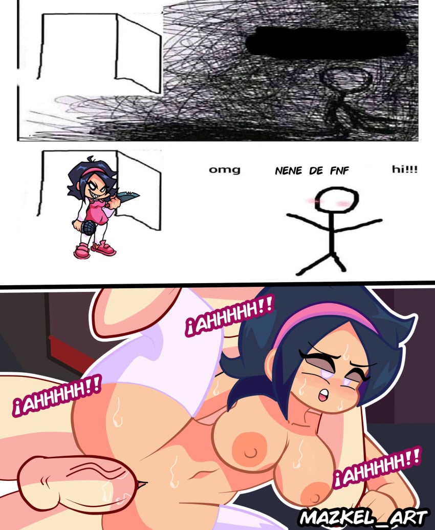 1boy1girl black_hair dialogue english english_text female female_focus friday_night_funkin hair_ornament legwear light_skin mazkel_art meme nene_(newgrounds) newgrounds omg_hi! one_leg_up purple_eyes sex spanish spanish_text sweat