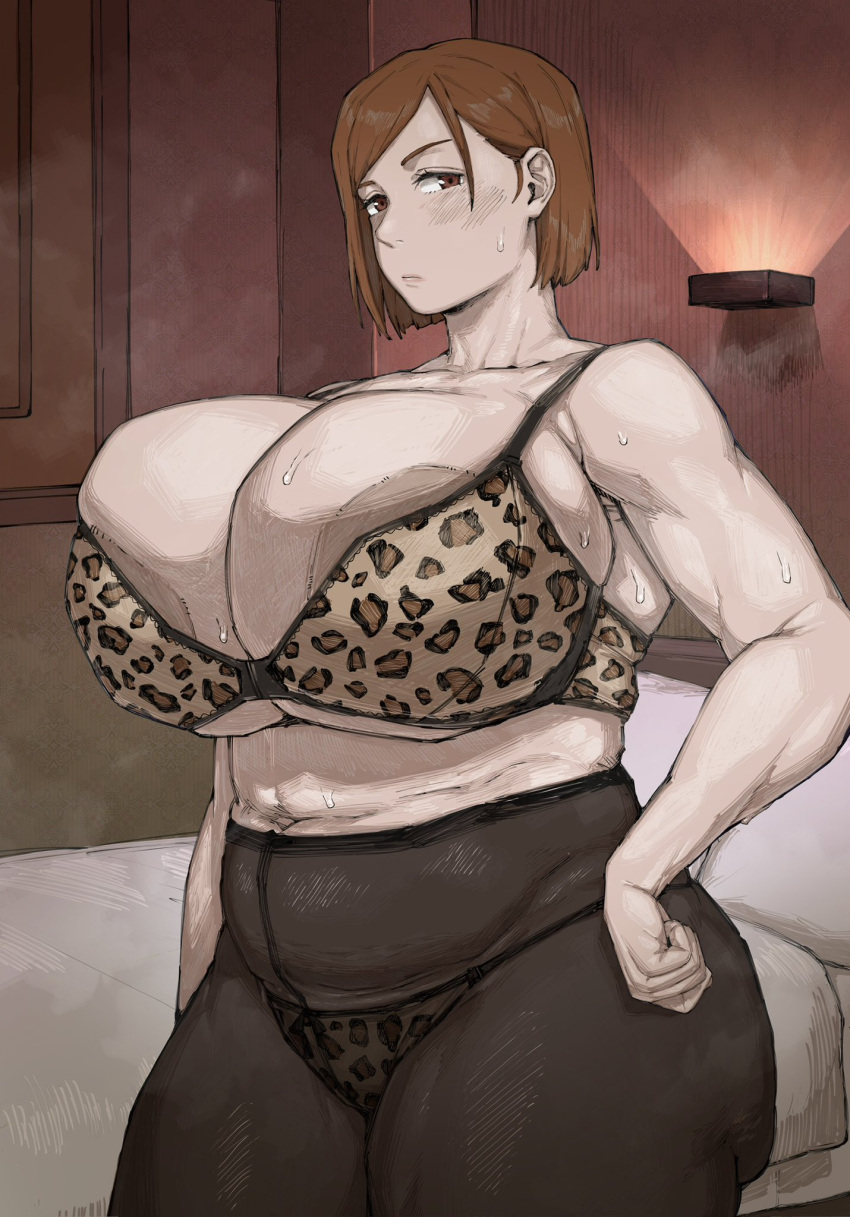 1girls alternate_breast_size areola_peek areola_slip areolae bed before_sex big_areola big_ass big_breasts big_butt bra fat fat_woman female female_only gerogero51 hotel_room jujutsu_kaisen kugisaki_nobara leopard_print massive_breasts panties pantyhose solo sweat venus_body