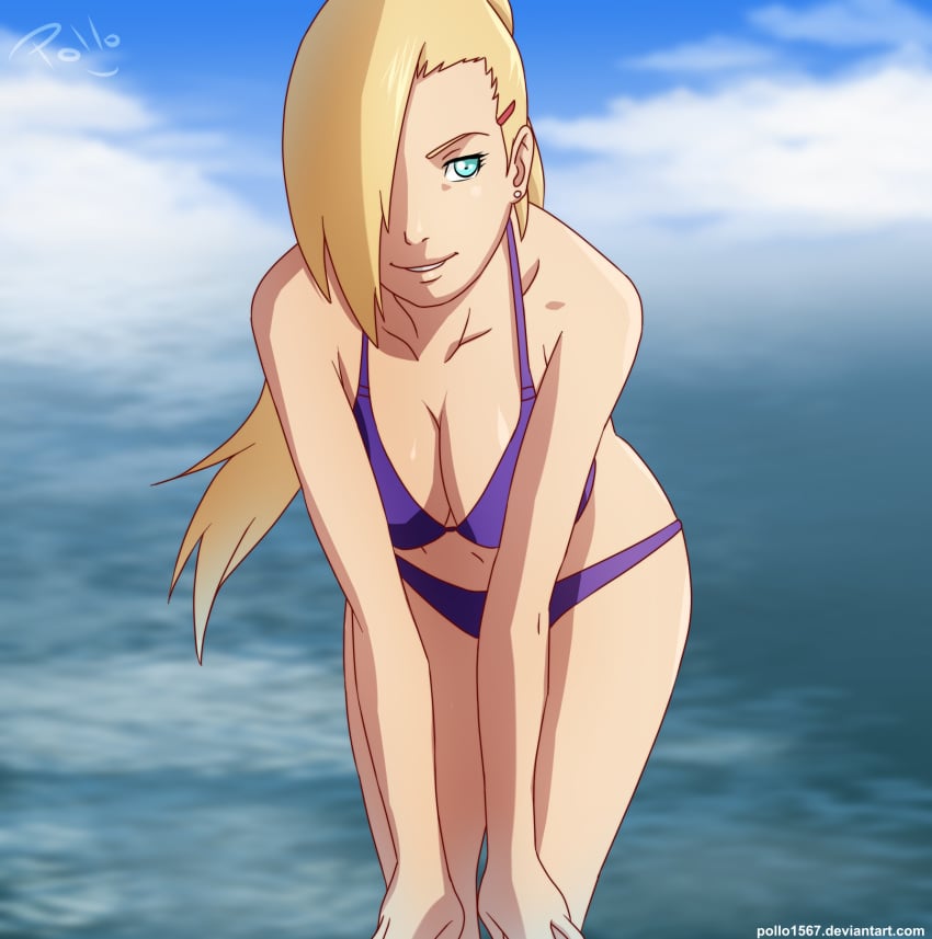 1girls bangs bare_shoulders bent_over bikini blonde_hair blue_eyes cleavage earrings female female_only hair_over_one_eye hairclip hands_on_knees ino_yamanaka long_hair looking_at_viewer naruto naruto_(series) naruto_shippuden ocean outdoors pollo1567 smile solo standing swimsuit tied_hair water wide_hips