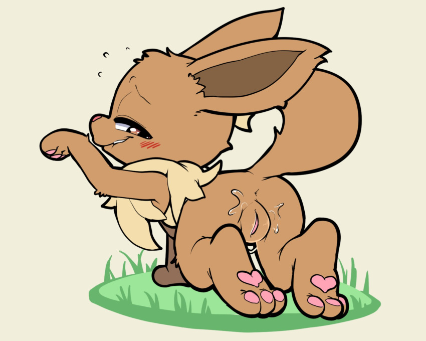 animal_genitalia blush blush_lines brown_fur eevee eeveelution fur furry itsunknownanon nintendo pokémon_(species) pokemon pokemon_(species) pussy_juice wet_pussy