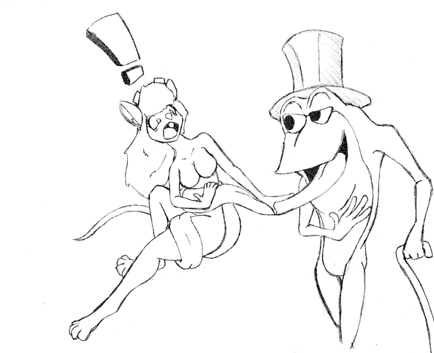 ! amphibian anthro cane chaoshetra chip_'n_dale_rescue_rangers clothing disney duo female frog gadget_hackwrench hat headgear headwear male male/female mammal michigan_j_frog monochrome mouse murid murine rodent rough_sketch tongue top_hat vore