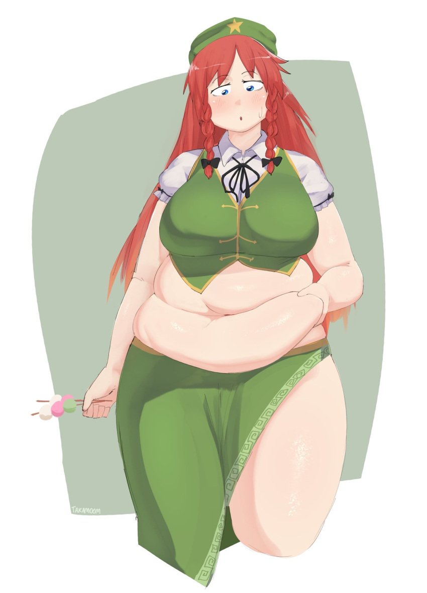 bbw belly_grab belly_overhang big_belly big_female blush blush chubby chubby_female embarrassed fat fat_ass fat_female fat_fetish fat_girl fat_woman fatty grabbing_belly hong_meiling large_female obese obese_female overweight overweight_female pig plump pork_chop realization sweatdrop thick_thighs touhou tubby weight_gain