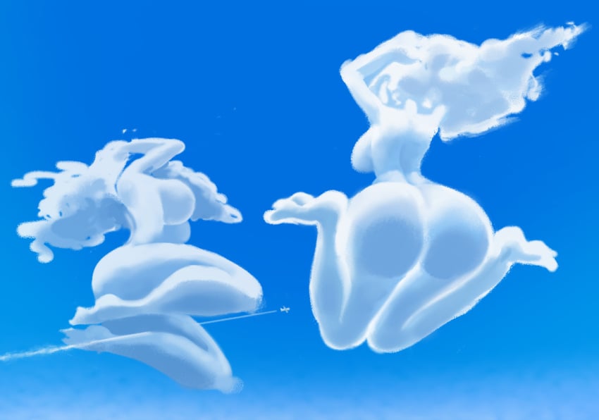 1girls airplane big_ass big_breasts cloud cloud_humanoid contrail feet floating giantess minus8 non-mammal_breasts original original_character sky white_body white_hair