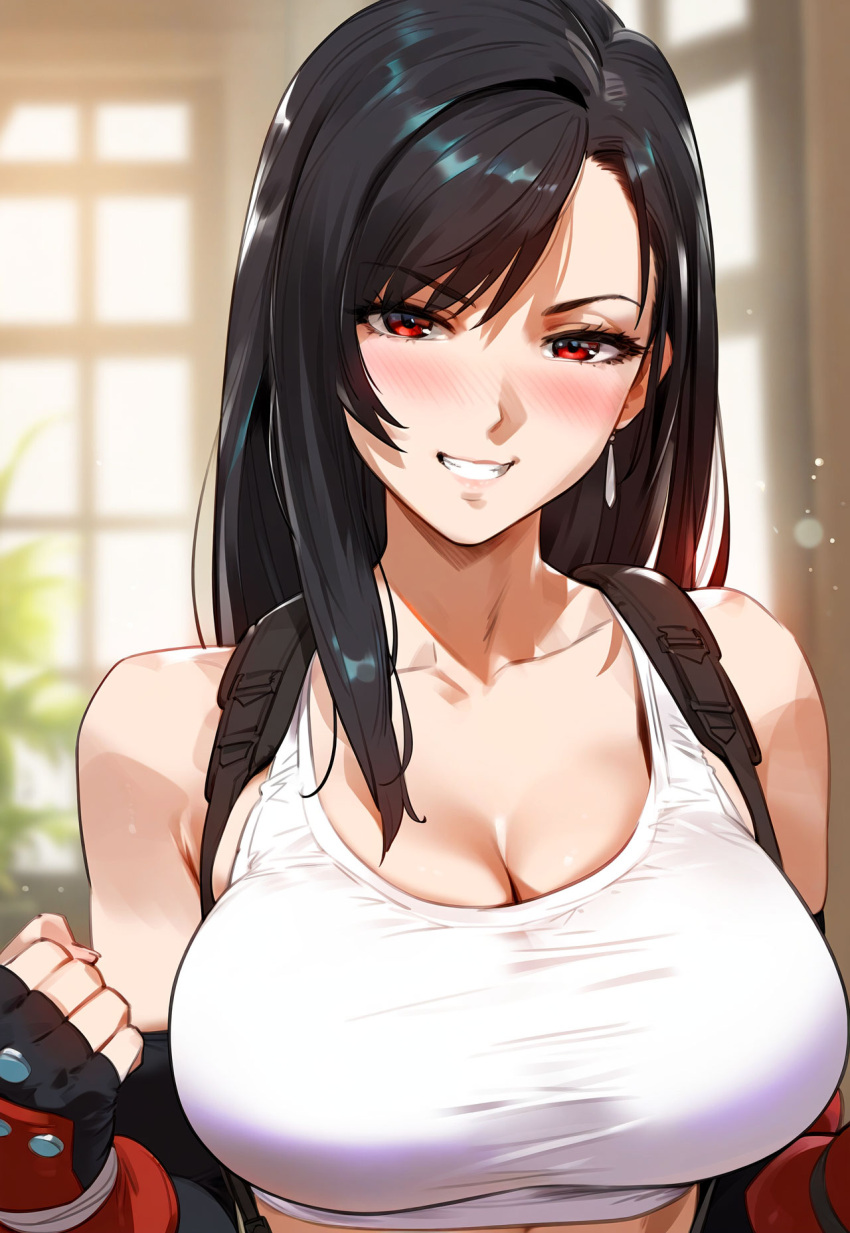 1girls ai_generated bangs bare_shoulders black_gloves black_hair blurry blush breasts clavicle cleavage clenched_hands clothing crop_top curvaceous curvaceous_female curvaceous_figure curvy curvy_figure dangle_earrings earrings elbow_gloves female female_focus final_fantasy final_fantasy_vii final_fantasy_vii_remake fingerless_gloves floxin gloves grin inviting inviting_to_sex jewelry large_breasts long_hair looking_at_viewer presenting presenting_breasts red_eyes red_gloves seductive seductive_look seductive_smile shirt sleeveless sleeveless_shirt smile solo suspenders swept_bangs tank_top taut_clothes taut_shirt teeth tifa_lockhart uncensored upper_body voluptuous voluptuous_female white_shirt white_tank_top