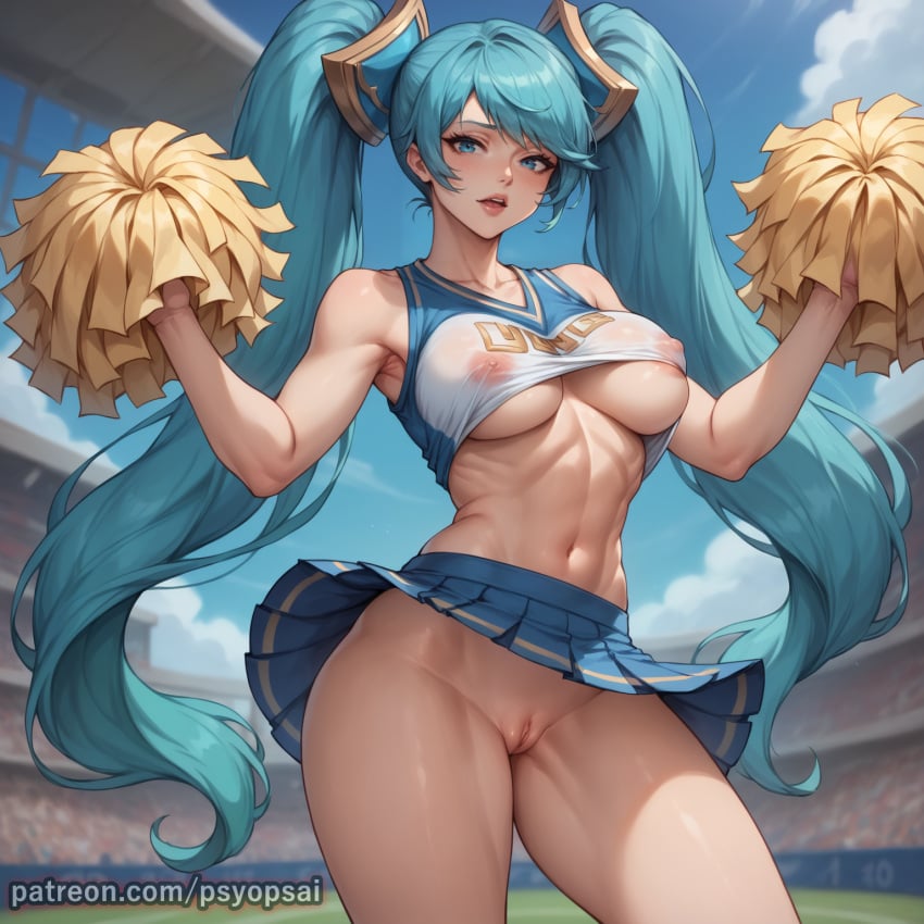 1girls ai_generated artist_name artist_psyopsai big_breasts blue_hair breasts breasts cheerleader cheerleader_uniform clothed clothing colored curvy digital_media_(artwork) female_focus female_only fit_female front_view league_of_legends no_panties pom_poms pussy solo solo_focus sona_buvelle uncensored vagina watermark