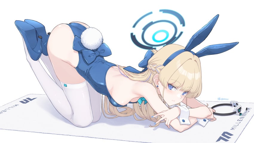 animal_ears artist_name ass blonde_hair blue_archive blue_eyes blue_footwear blue_hair blue_halo blue_leotard blush breasts closed_mouth dan_(kumadan) fake_animal_ears fake_tail female halo high_heels highres leotard long_hair looking_at_viewer medium_breasts multicolored_hair official_alternate_costume playboy_bunny rabbit_ears rabbit_tail signature simple_background solo strapless strapless_leotard streaked_hair tail thighhighs toki_(blue_archive) toki_(bunny)_(blue_archive) twitter_username white_background white_thighhighs wrist_cuffs