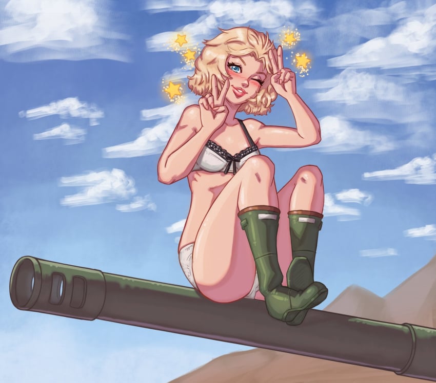 1girls 2024 blonde_hair blue_eyes blush boots double_v female female_only l0ngsword lingerie looking_at_viewer medium_hair metal_gear_solid metal_gear_solid_peace_walker paz_ortega_andrade peace_sign smiling smiling_at_viewer solo sparkles v_sign wink winking_at_viewer