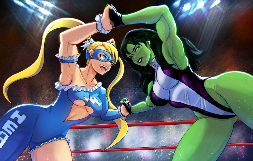 2girls big_breasts blonde_hair capcom catfight crossover eastern_and_western_character female female_only green-skinned_female green_hair green_skin highleg_leotard hulk_(series) leotard marvel marvel_comics marvel_vs._capcom masked masked_female multiple_girls muscle_girl muscles muscular muscular_female rainbow_mika she-hulk sleeveless_leotard stickiezblue street_fighter sweat wrestling wrestling_outfit wrestling_ring