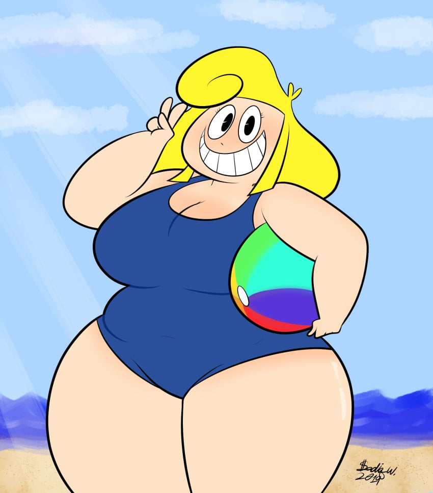 2019 2d_(artwork) bbw beach beach_ball blonde_hair blue_swimsuit chubby_female looking_at_viewer lust_(xtremersadiq) one-piece_swimsuit peace_sign signed smiling_at_viewer water white_skinned_female xtremersadiq