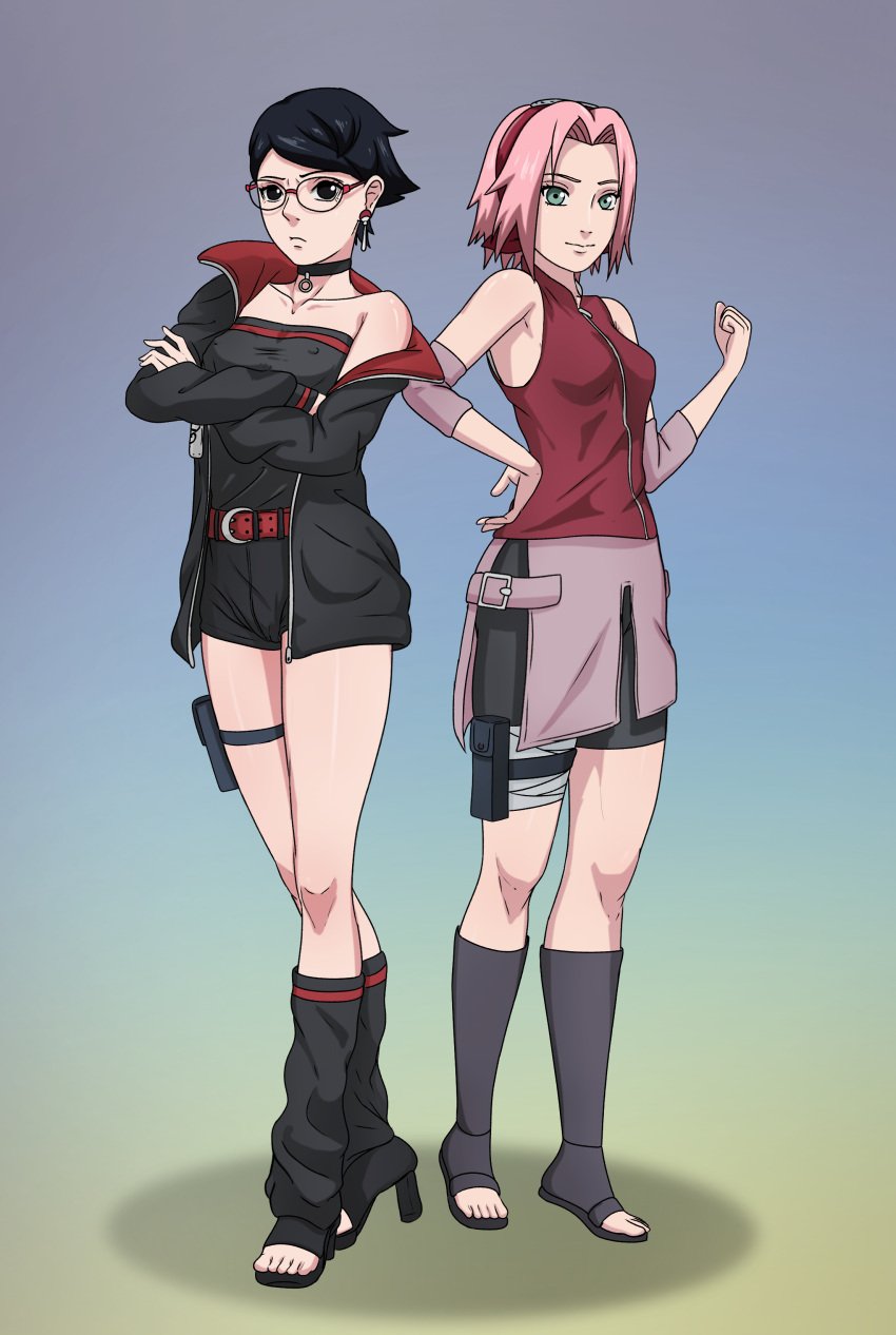 2girls aged_down aged_up barefoot bike_shorts black_eyes black_hair boots boruto:_naruto_next_generations boruto:_two_blue_vortex breasts cleavage clothing earrings erect_nipples erect_nipples_under_clothes female female_only full_body fully_clothed glasses green_eyes heel_boots high_heels high_resolution innie_pussy inverted_nipples jacket long_legs looking_at_viewer mother_and_daughter multiple_girls naruto naruto_shippuden nipples noxdsa nude petite petite_body pink_hair pinup pussy sakura_haruno sarada_uchiha shirt short_hair shorts skirt small_breasts smaller_female tagme take_your_pick teenage_girl teenager time_paradox tubetop uchiha_symbol