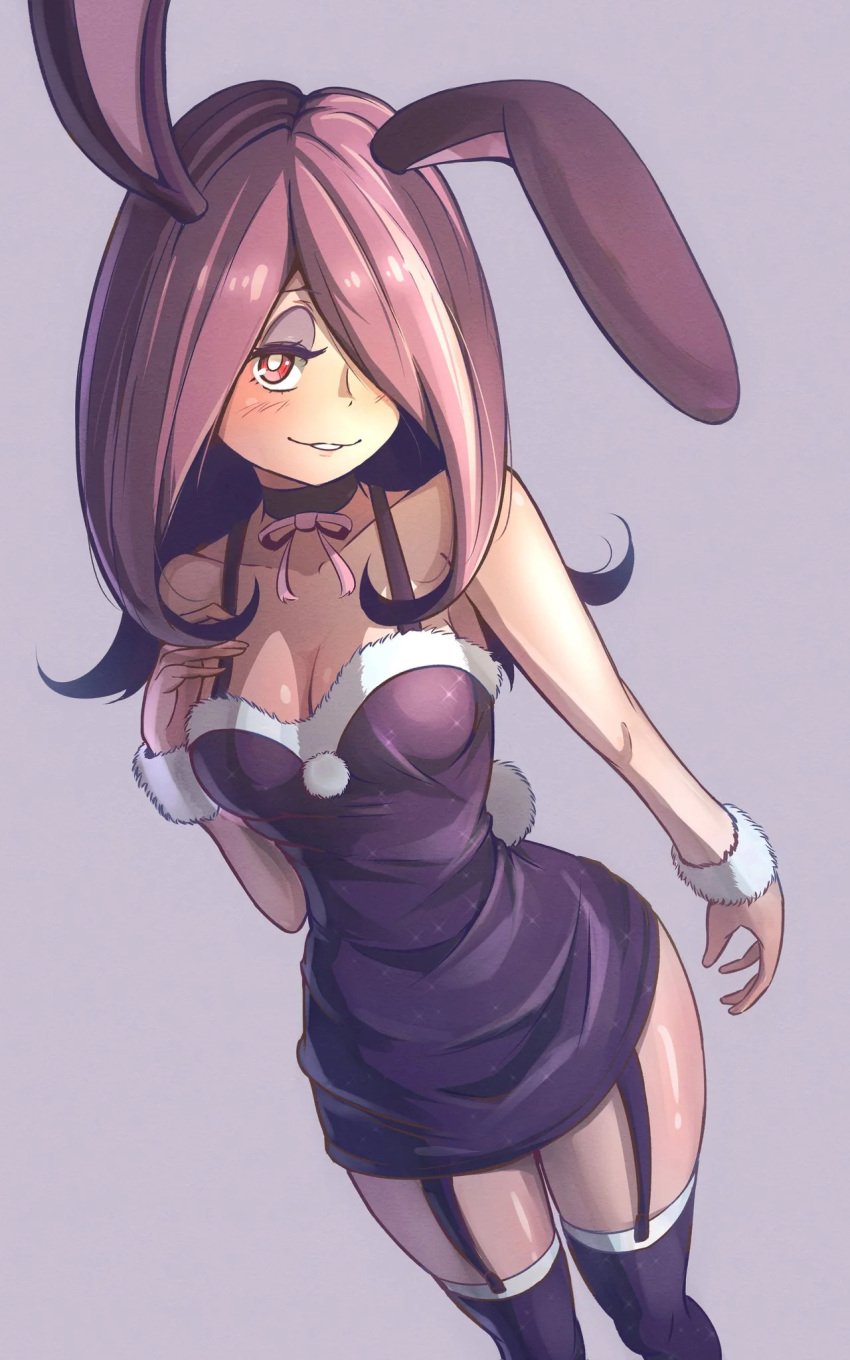 1girls big_breasts breasts bunny_ears bunnysuit curvy curvy_figure female female_only hair_over_one_eye highres little_witch_academia looking_at_viewer madabauillust pale_skin pinup sucy_manbavaran thighs