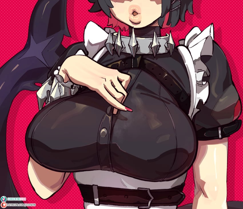 1girls big_breasts black_hair breasts_focus busty clothed dark_hair ellen_joe female female_only hoyoverse huge_breasts large_breasts light-skinned_female light_skin lips liuskin maid maid_outfit maid_uniform mihoyo multicolored_hair pink_hair plump_butt shark_tail short_hair tail thick_lips zenless_zone_zero