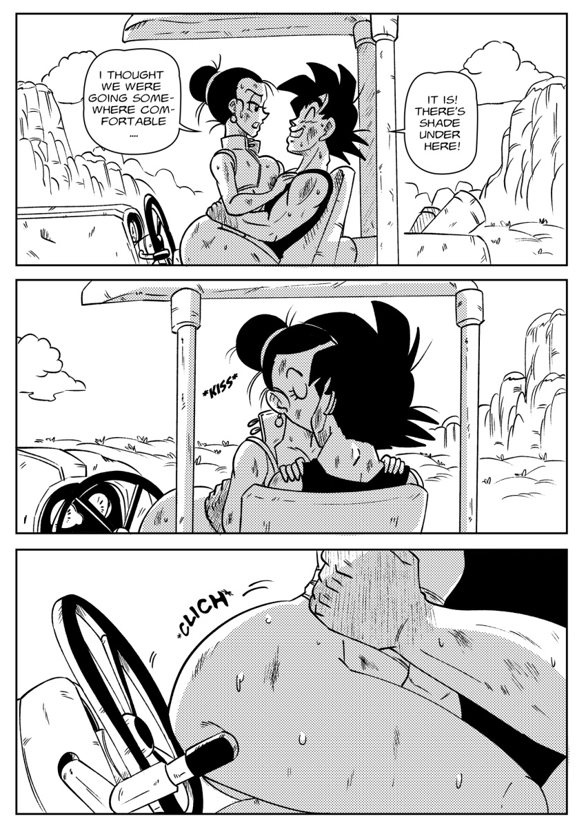 big_ass big_breasts breasts chichi comic cowgirl_position curvy_female dragon_ball dragon_ball_super dragon_ball_z funsexydragonball kissing monochrome muscular_male outdoors sex son_goku speech_bubble thick_thighs thin_arms tractor wide_hips